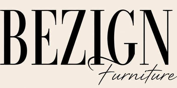 The logo for Bezign Furniture, featuring the word 'BEZIGN' in a bold black serif font with 'Furniture' written in a cursive script underneath, set against a solid light beige background.
